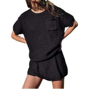 Women's‎ Cozy Knit Lounge Set Short Sleeve Top Shorts Pajama Set Black